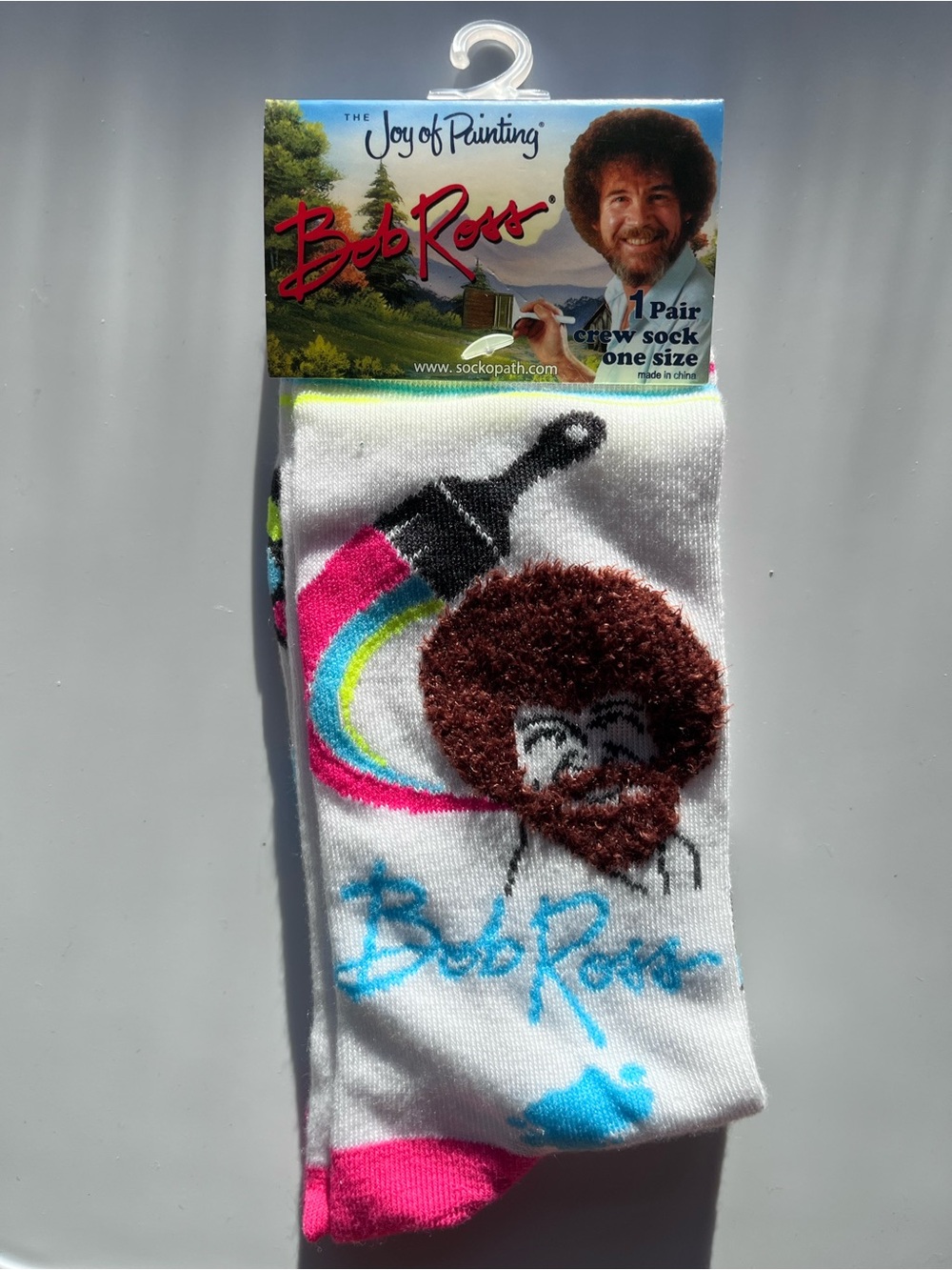 Bob Ross The Joy of Painting Crew Socks - Paintbrush Design - White, Pink, Blue